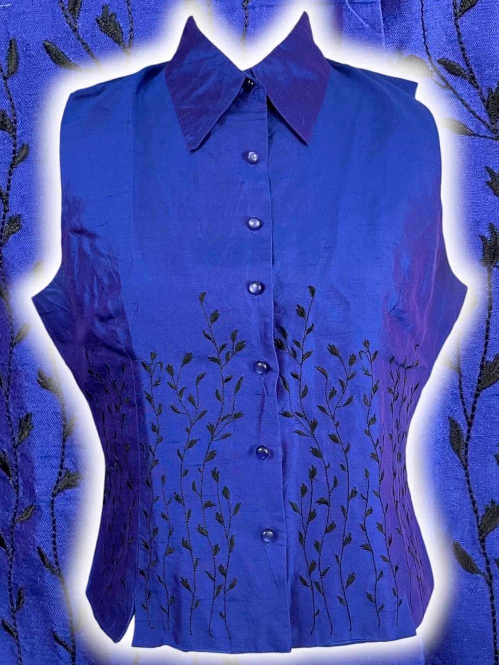 100% Silk Embroidered Blouse 10 Cobalt Blue Iridescent Taffeta Sleeveless Top